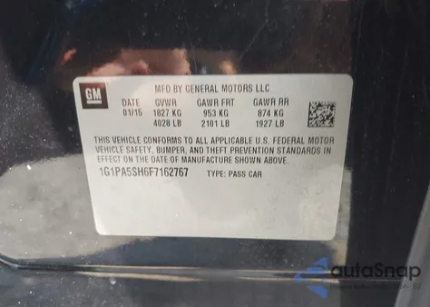 2015 Chevrolet Cruze Ls Auto из США, поврежденный, VIN 1G1PA5SH6F7162767